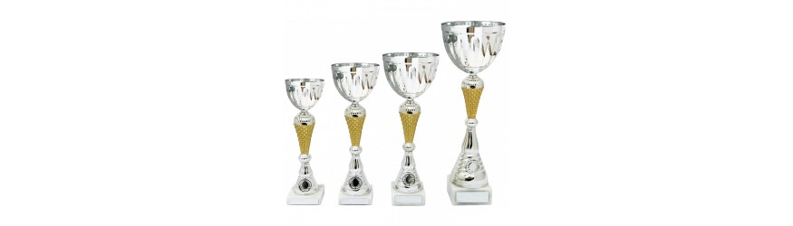 MATT GOLD AND SILVER METAL CUP ON SCULPTED RISER AVAILABLE IN 3 SIZES