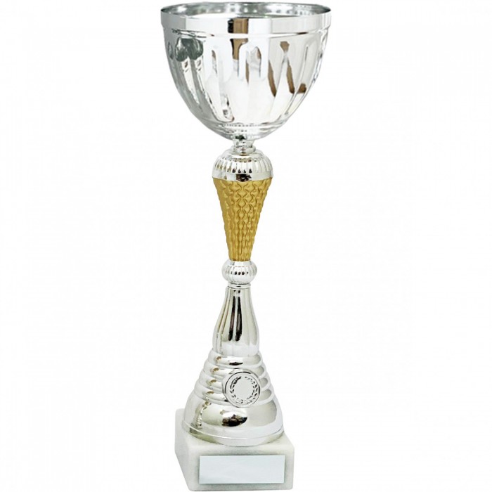 MATT GOLD AND SILVER METAL CUP ON SCULPTED RISER AVAILABLE IN 3 SIZES